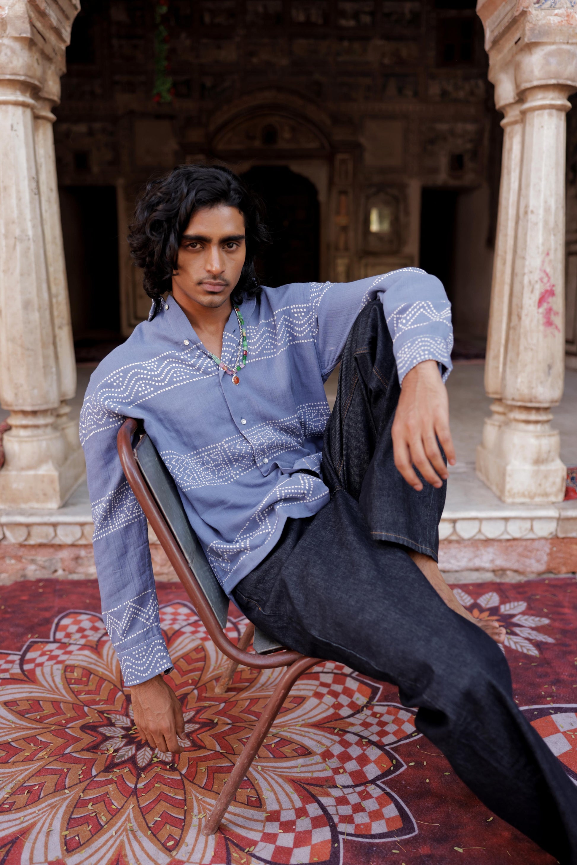Summer Blue Hand-Blocked Panel Shirt