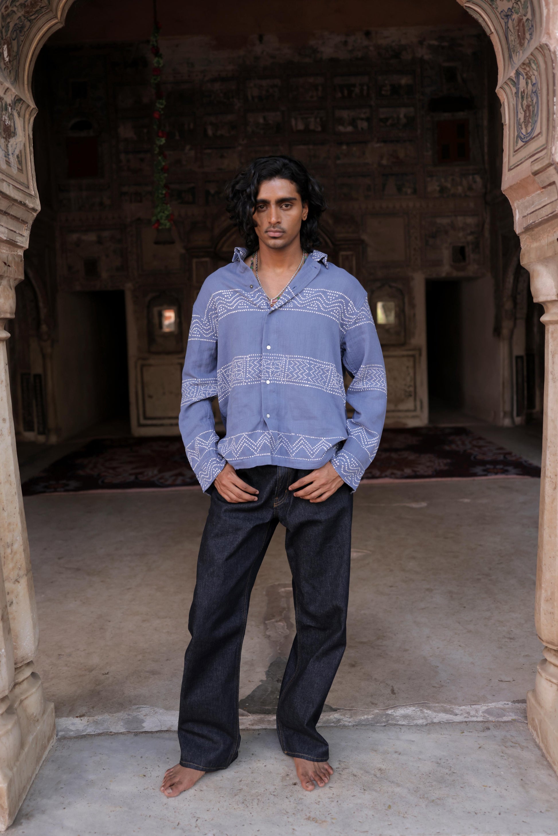 Summer Blue Hand-Blocked Panel Shirt