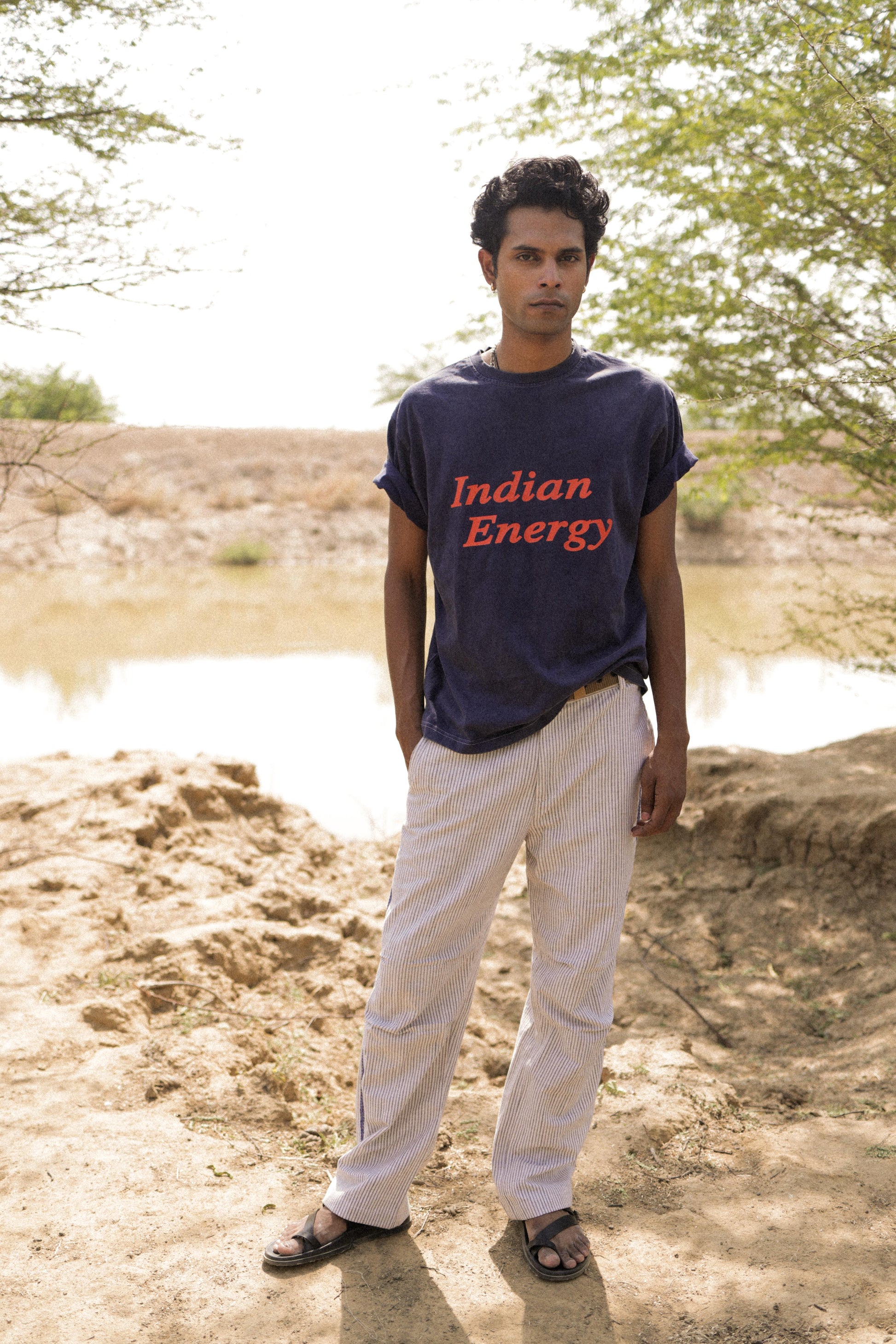 White &amp; Blue Striped Embroidered Summer Pants