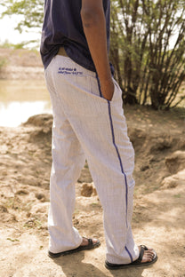 White &amp; Blue Striped Embroidered Summer Pants