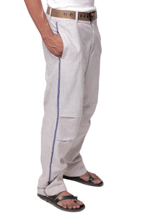 White &amp; Blue Striped Embroidered Summer Pants