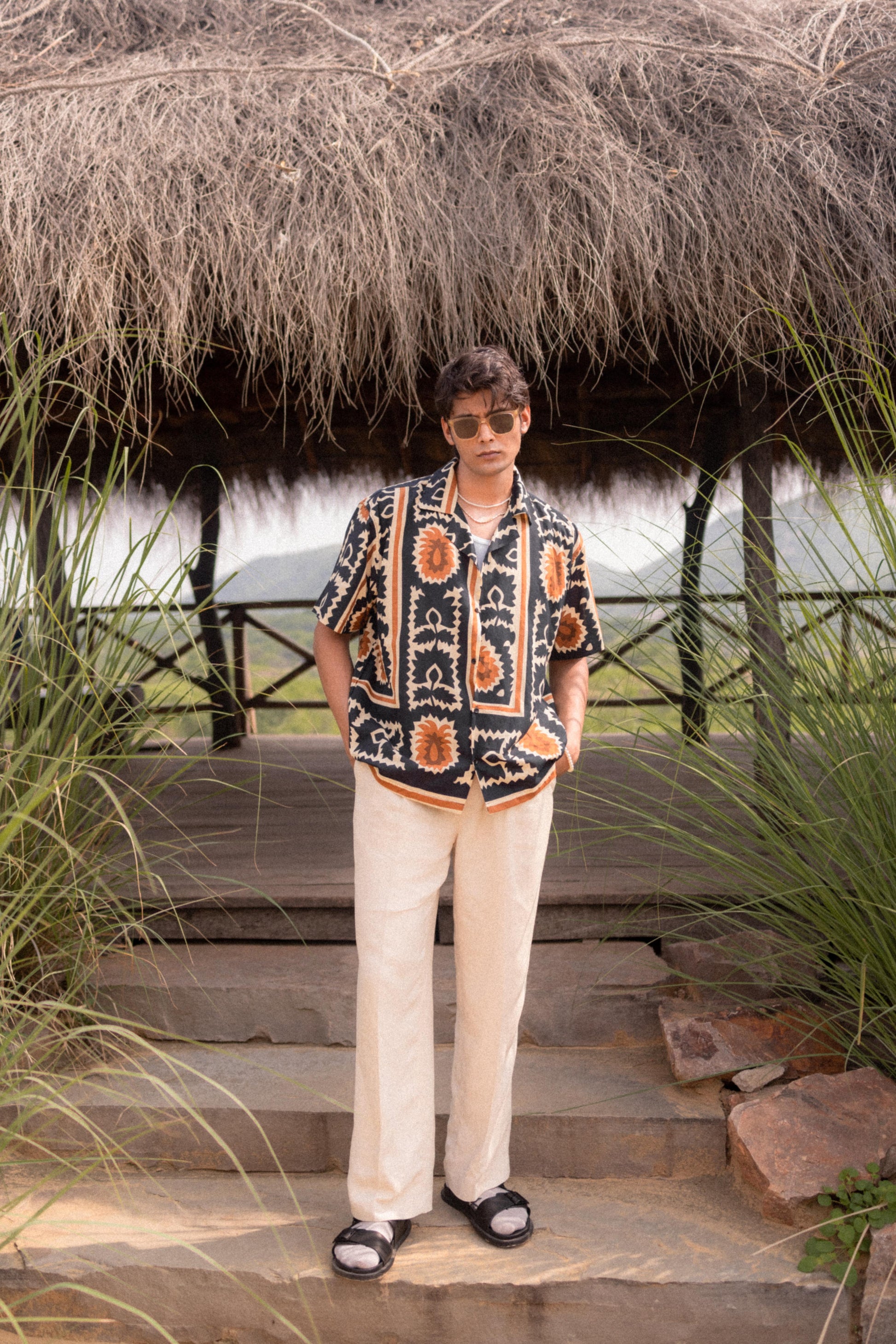 Beige &amp; Navy Printed Shirt