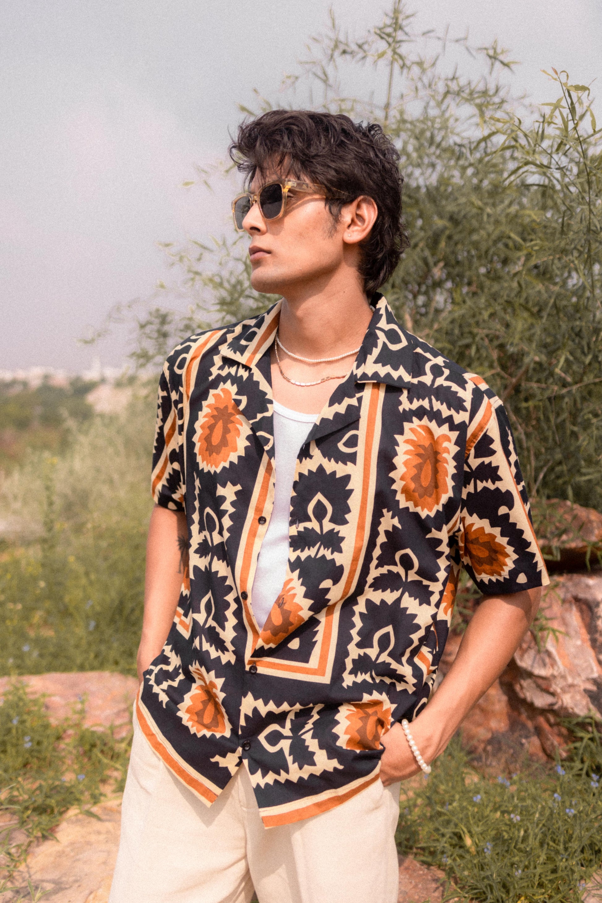 Beige &amp; Navy Printed Shirt