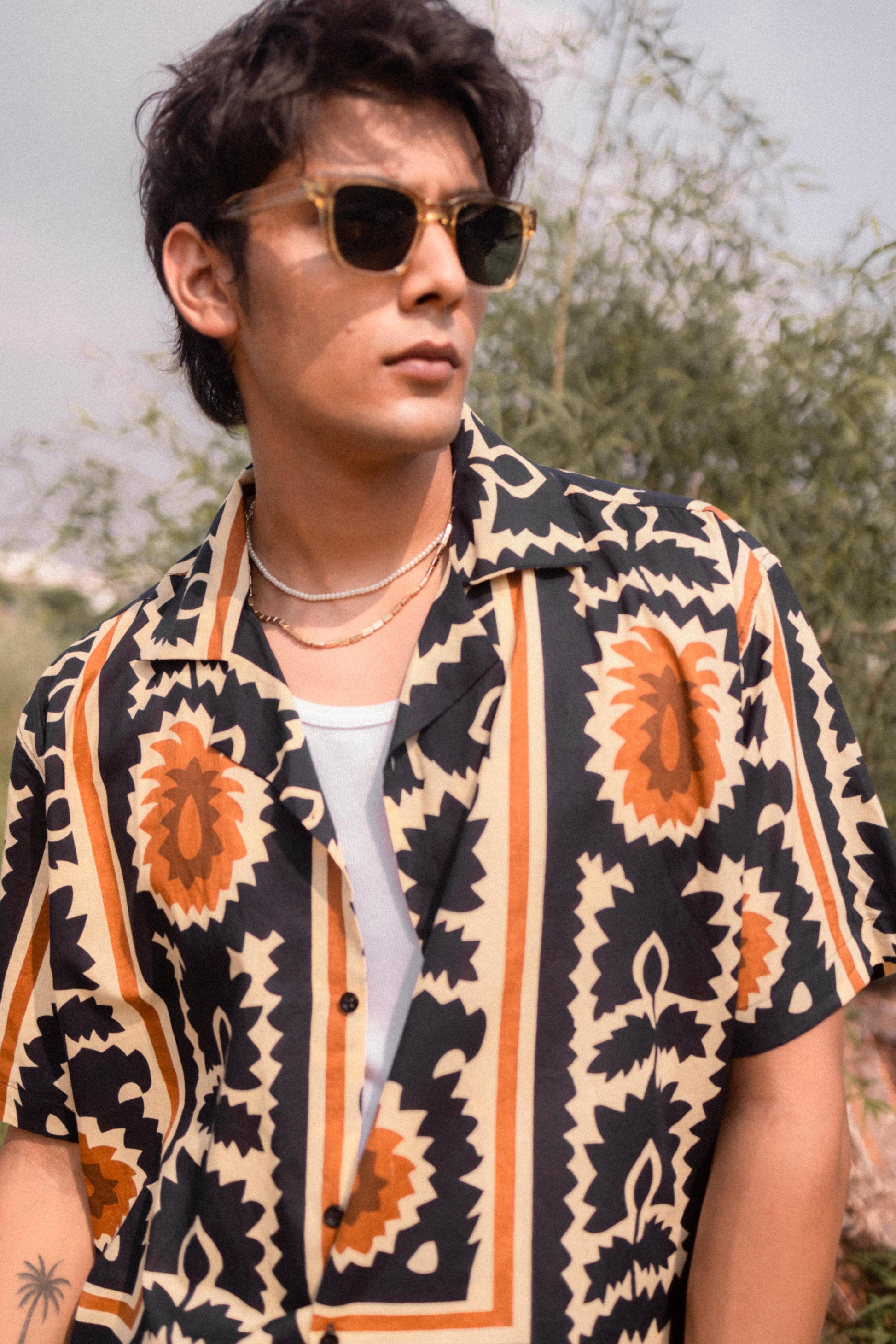 Beige &amp; Navy Printed Shirt