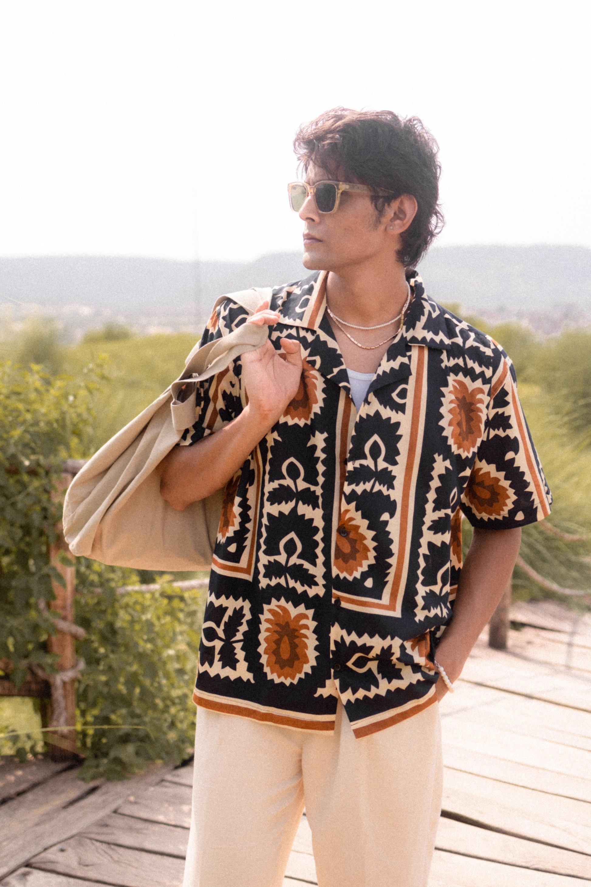 Beige &amp; Navy Printed Shirt